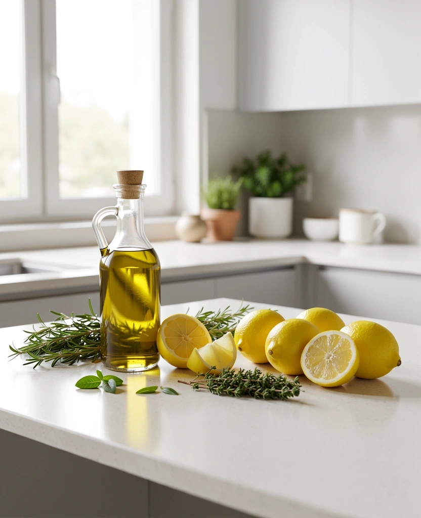 Ingredienti naturali freschi in una cucina luminosa